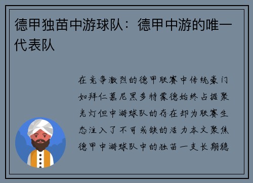德甲独苗中游球队：德甲中游的唯一代表队