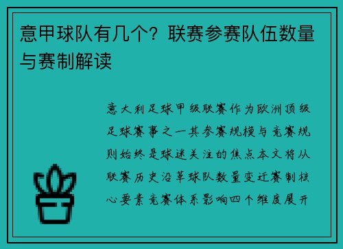 意甲球队有几个？联赛参赛队伍数量与赛制解读